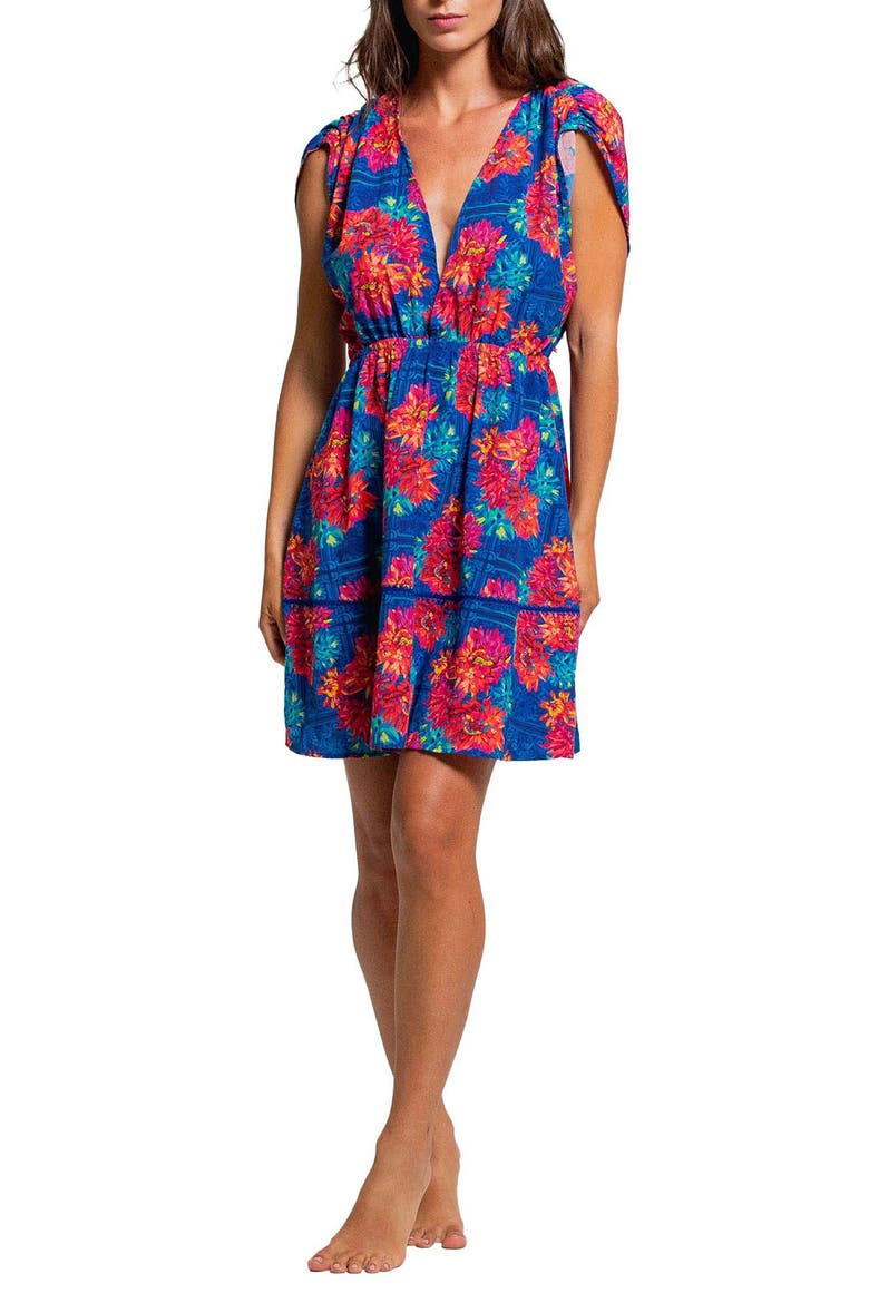 Floral Ruched Sleeve Cover-Up Sundress, Main, color, BLUE MULTI