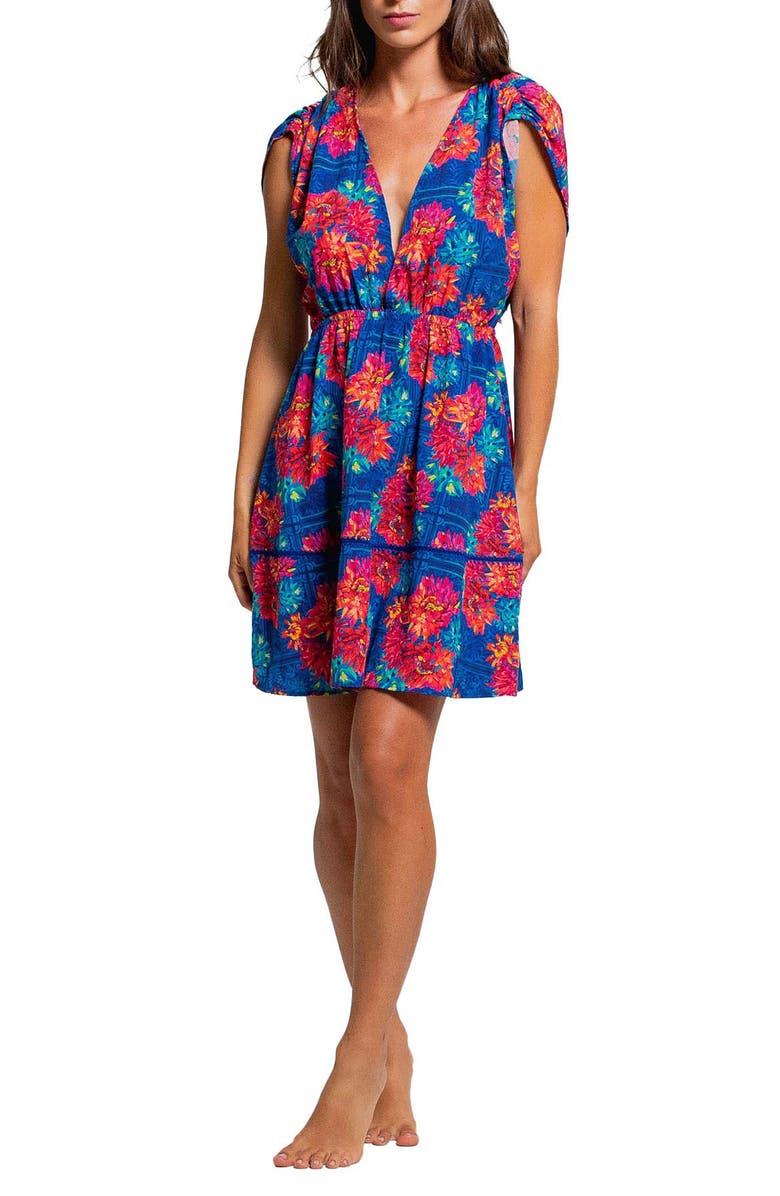 Cosita Linda Floral Ruched Sleeve Cover-Up Sundress, Main, color, Blue Multi