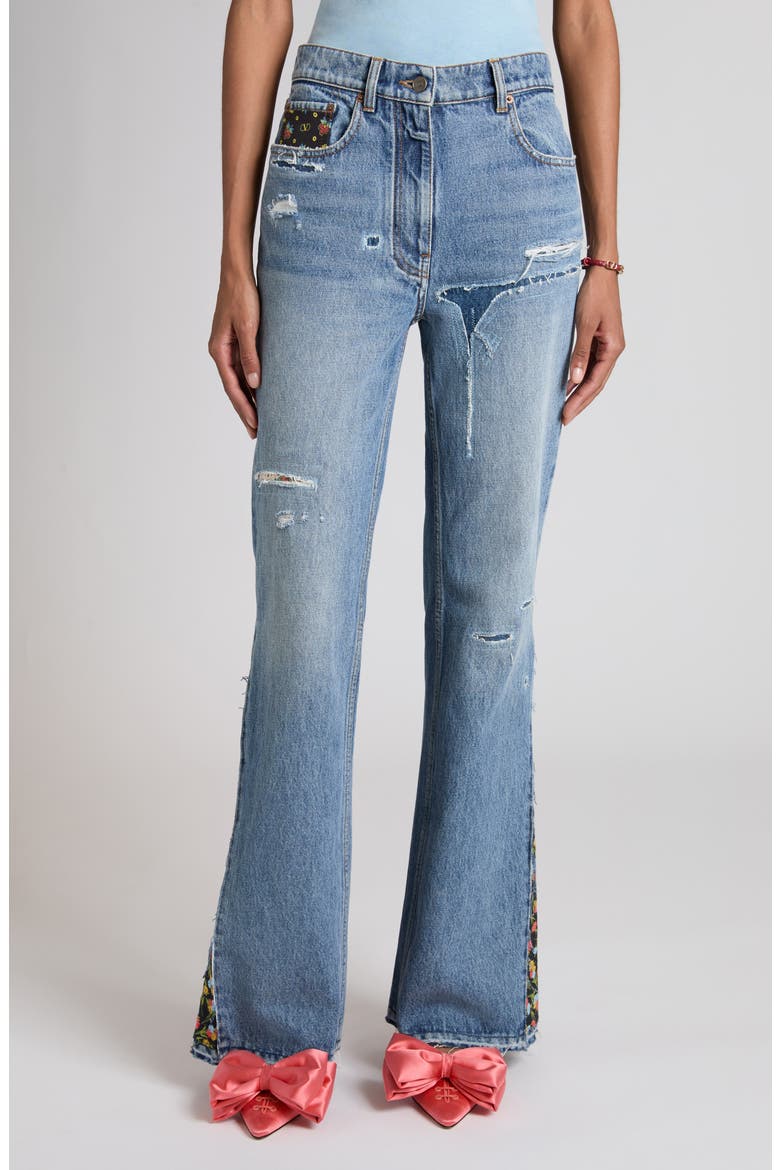 Tasche Patched & Distressed Flare Leg Jeans, Main, color, DENIM