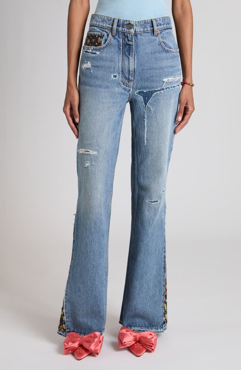 Valentino Tasche Patched & Distressed Flare Leg Jeans, Main, color, Denim
