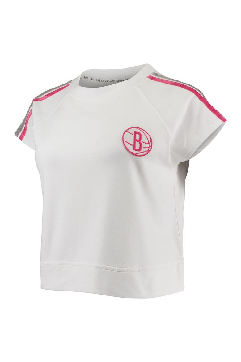 Women's Lusso White Brooklyn Nets Margot Cropped Tri-Blend Cap Sleeve Sweatshirt, Alternate, color, White