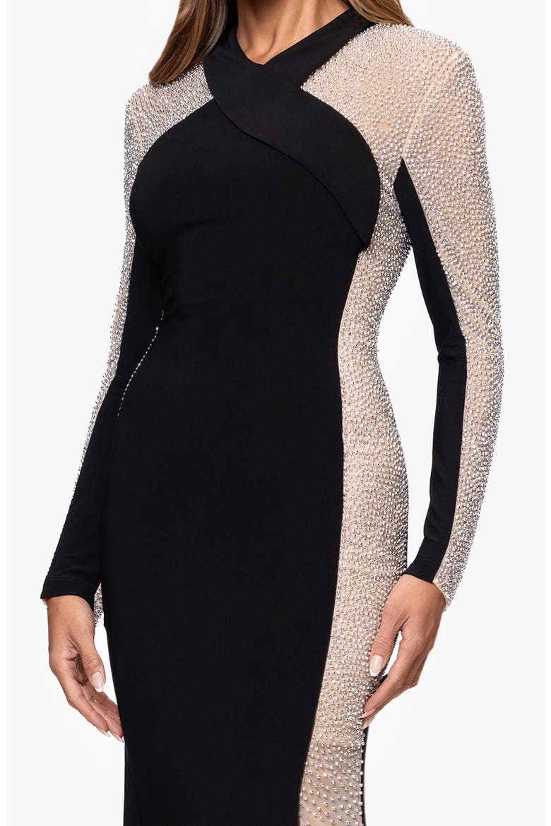 Beaded Mesh Long Sleeve Gown, Alternate, color, BLACK/ BEIGE/ SILVER