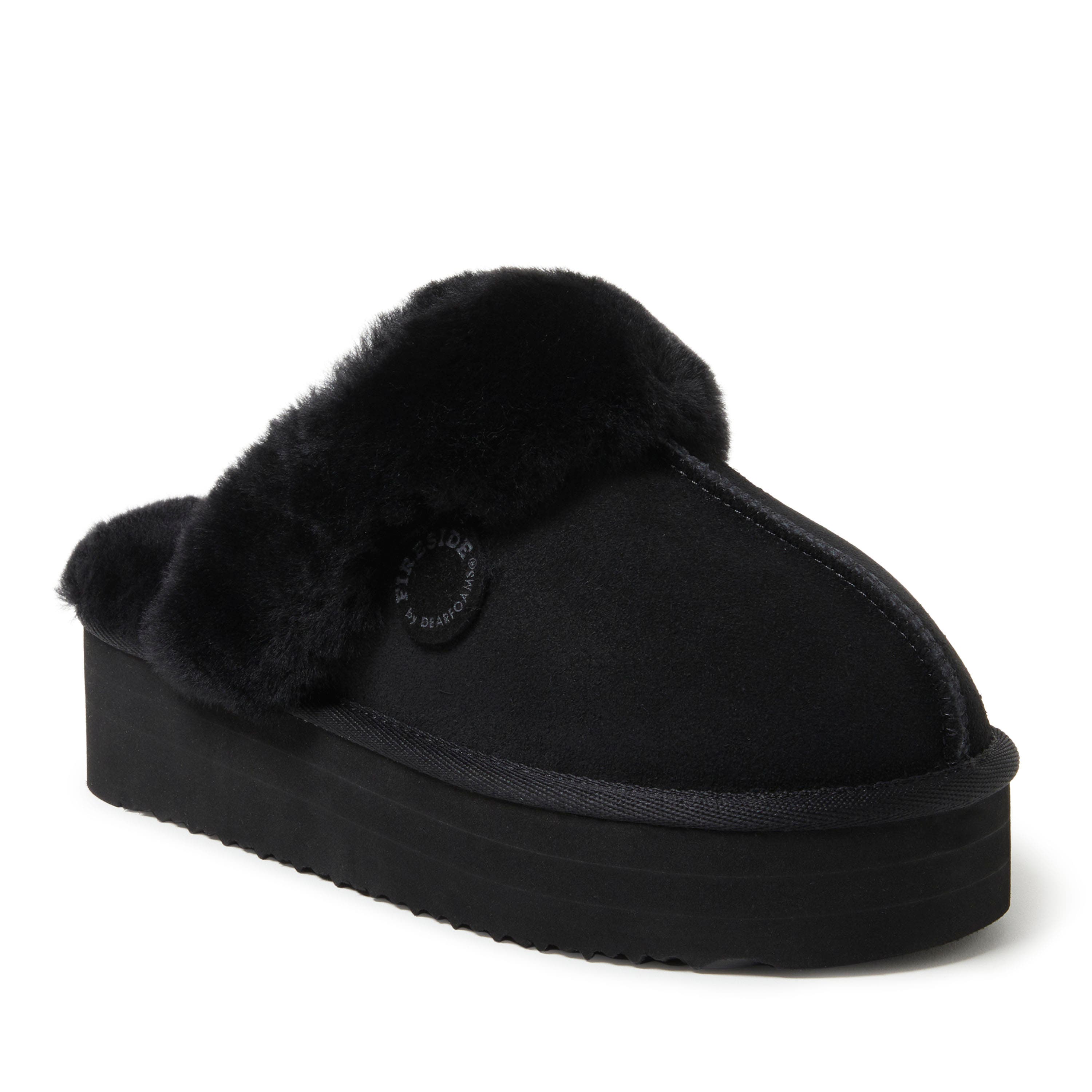 DEARFOAMS Fireside Melton Genuine Shearling Platform Scuff Slipper, Main, color, Black