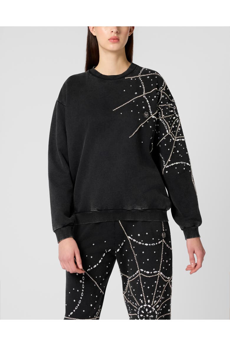 Round Neck Sweatshirt Spiderweb Strass Women, Main, color, black