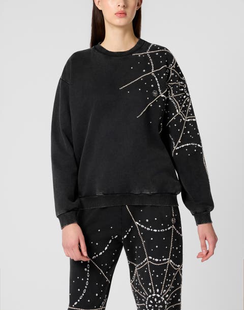 Round Neck Sweatshirt Spiderweb Strass Women