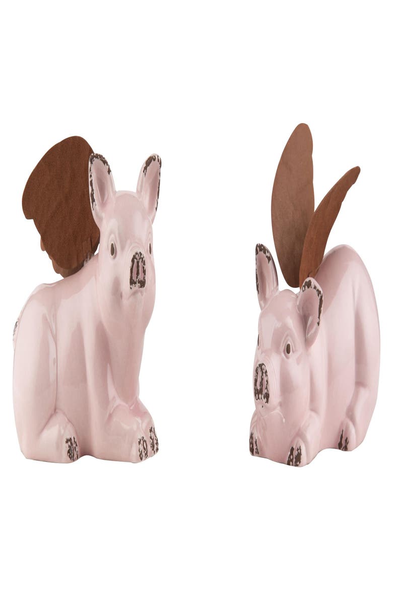 Set of 2 Medium Pink Ceramic Flying Piggies with Wings 4.0in Home Decor Spring Summer Decorative Objects, Main, color, Pink