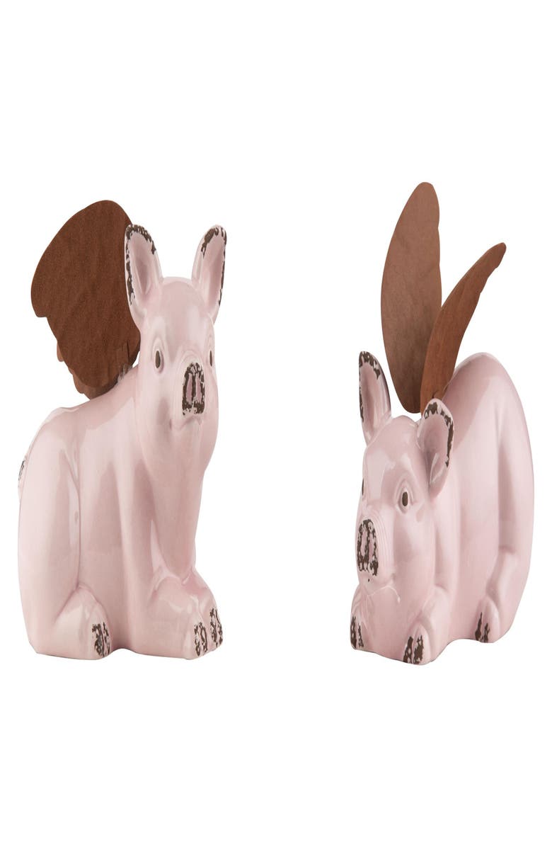 Transpac Set of 2 Medium Pink Ceramic Flying Piggies with Wings 4.0in Home Decor Spring Summer Decorative Objects, Main, color, Multicolored