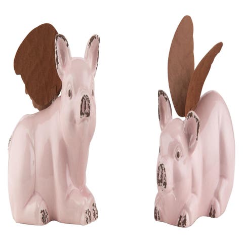 Set of 2 Medium Pink Ceramic Flying Piggies with Wings 4.0in Home Decor Spring Summer Decorative Objects