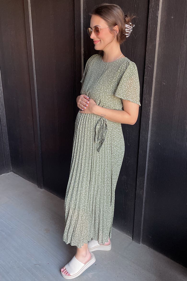 Leaf Print Pleated Midi Dress, Alternate, color, Light Olive