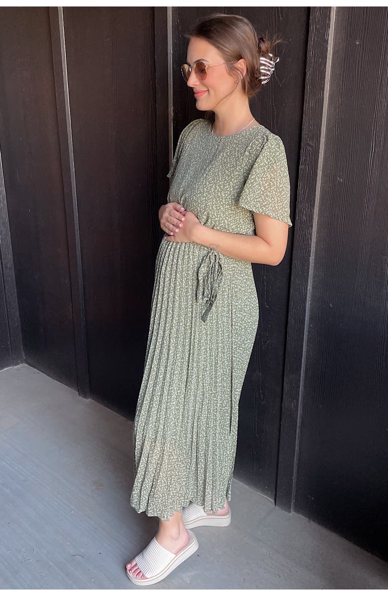 PinkBlush Leaf Print Pleated Midi Dress, Alternate, color, Light Olive