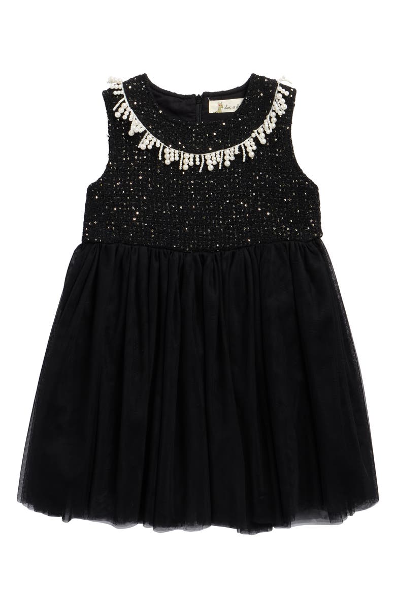 Doe A Dear Kids' Faux Pearl Trim Tweed Tulle Dress, Main, color, Black