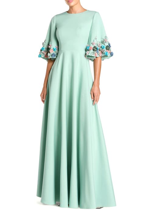 Stretch Satin Elbow Sleeve Gown With Flower Trim