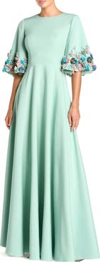 Mac Duggal Stretch Satin Elbow Sleeve Gown With Flower Trim