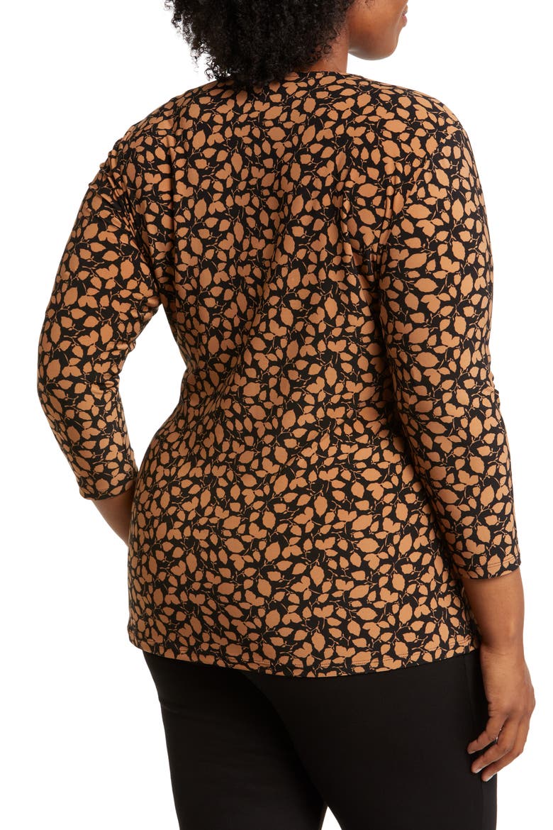 Leaf Print Faux Wrap Top, Alternate, color, ANNE BLACK/ VICUNA