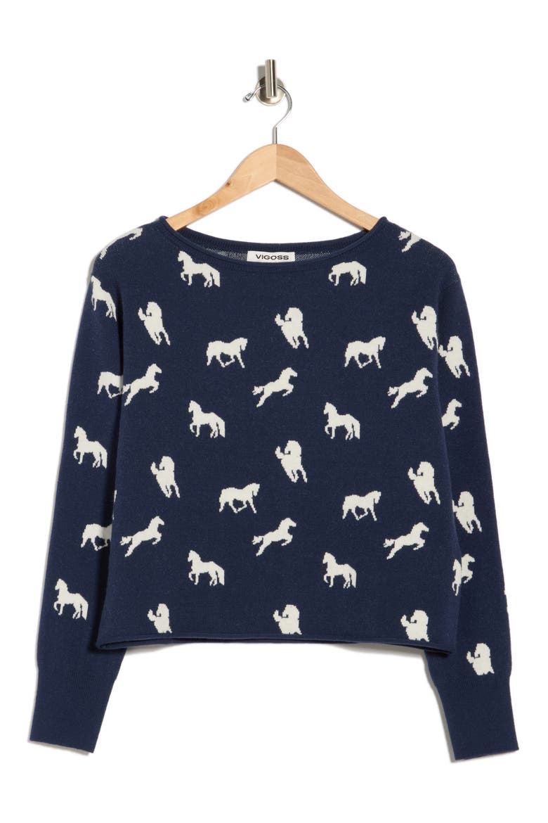 Horse Crop Pullover Sweater, Alternate, color, NAVY
