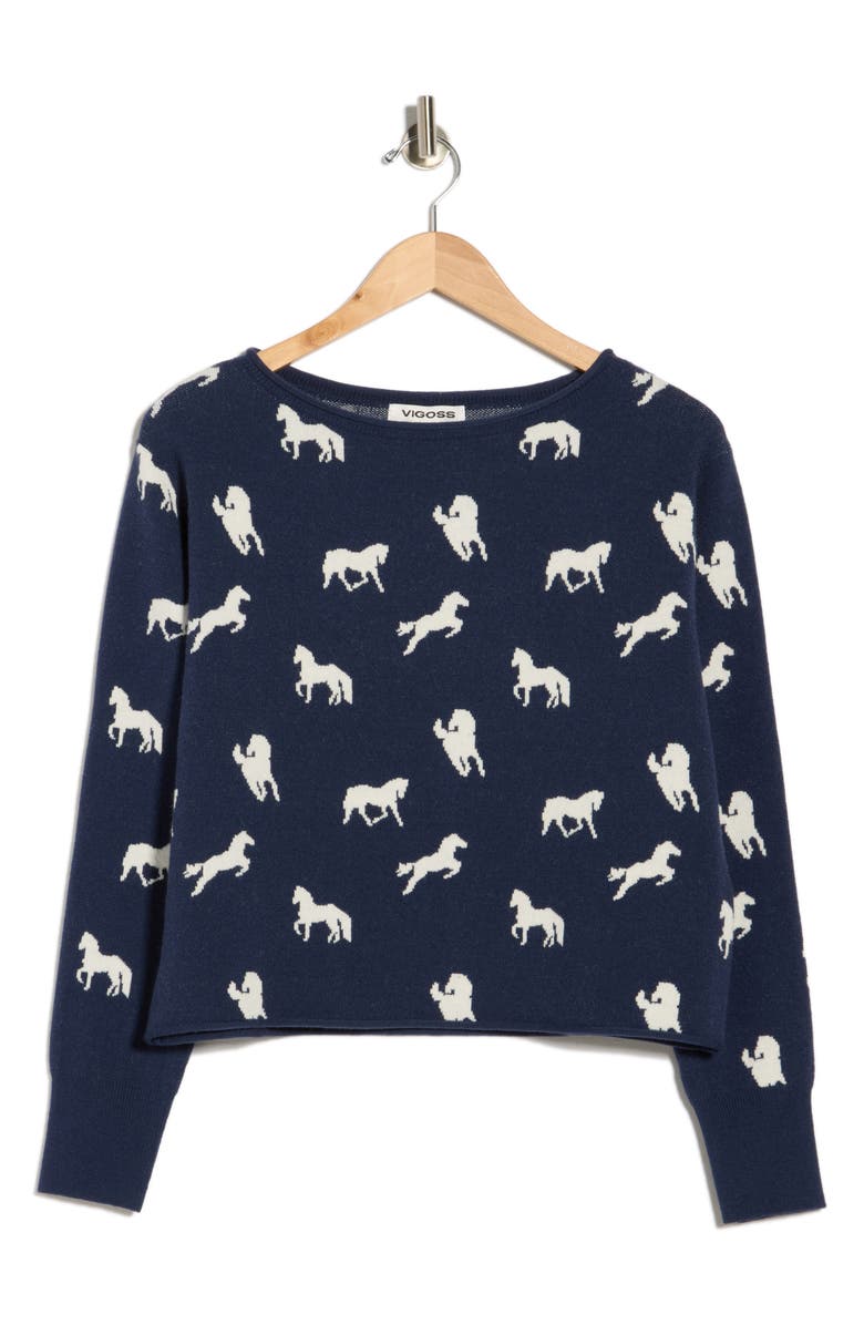 Vigoss Horse Crop Pullover Sweater, Alternate, color, Navy