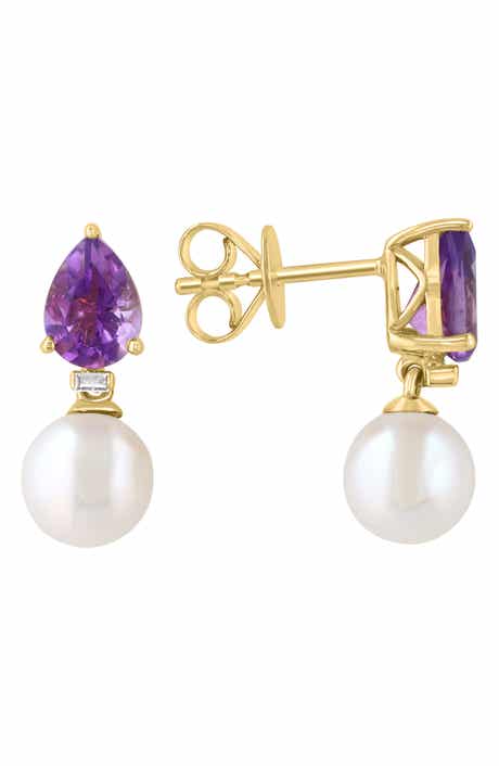 Gold Plated Amethyst, Diamond & Pearl Drop Earrings