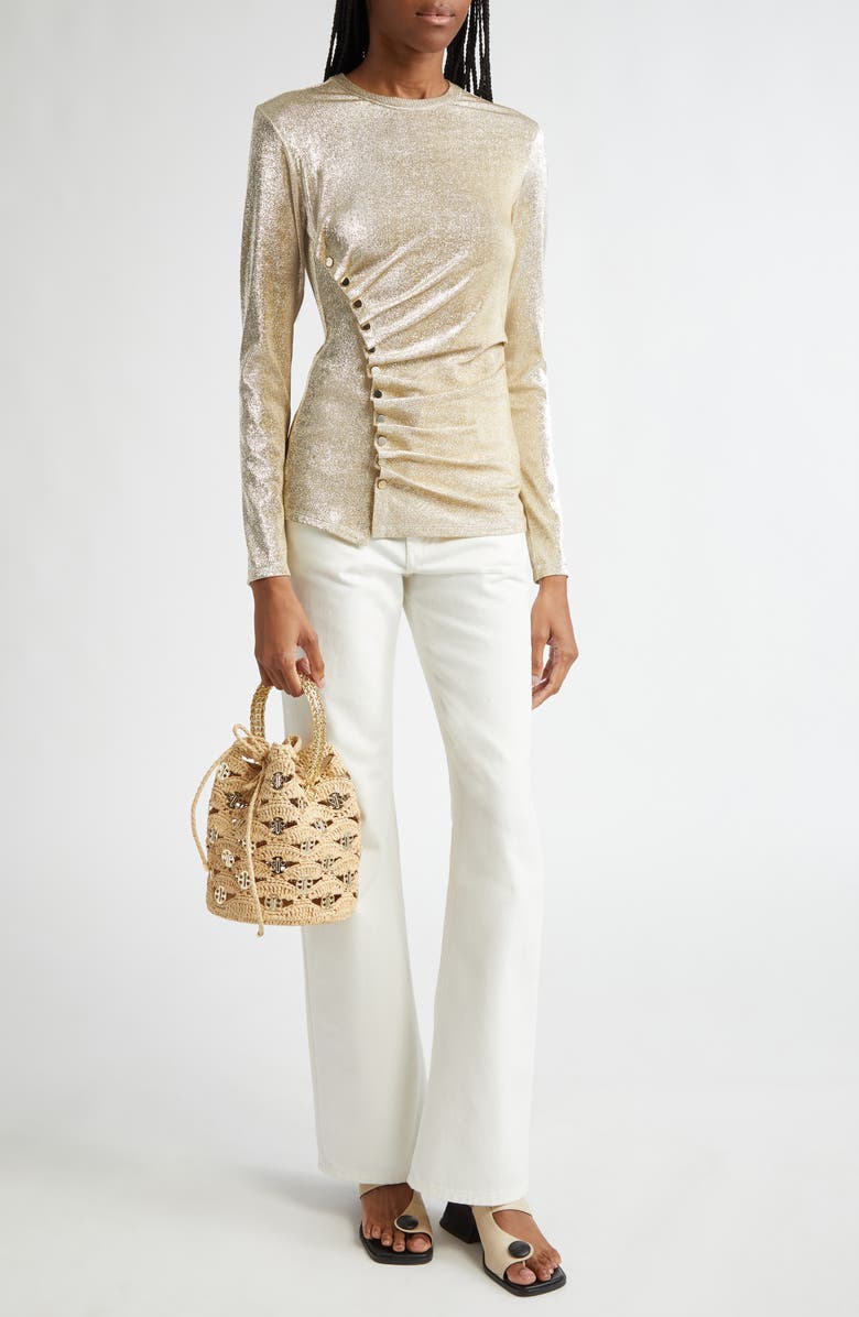 Rabanne Drapé Pression Long Sleeve Metallic Knit Top, Alternate, color,