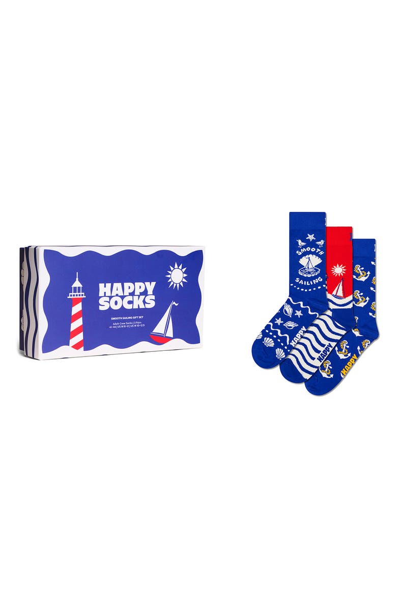 Happy Socks Assorted 3-Pack Smooth Sailing Socks Gift Box, Alternate, color, Blue