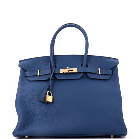 Birkin Handbag Blue Clemence with Gold Hardware 35