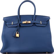 Pre-Owned Hermes Birkin Handbag Blue Clemence with Gold Hardware 35