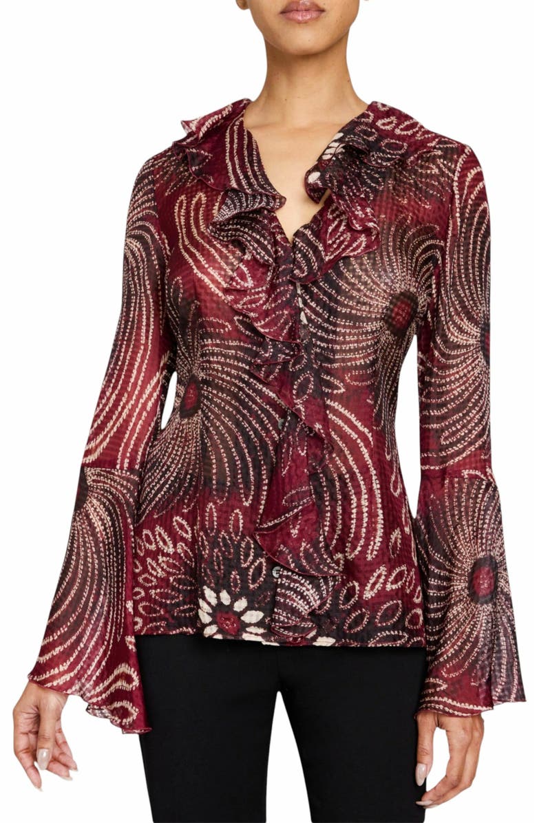 Santorelli SYDNEY Long Sleeve Button Down Blouse with Ruffles in Silk Modern Gingham Floral Print, Main, color, 