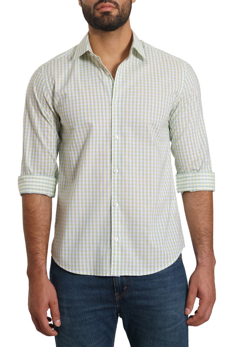 Trim Fit Gingham Pima Cotton Button-Up Shirt, Main, color, WHITE GREEN CHECK