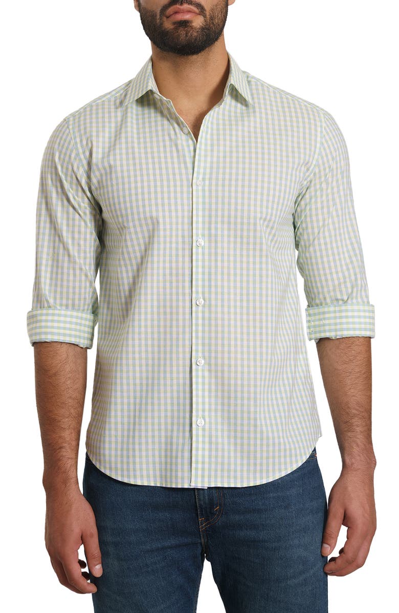Jared Lang Trim Fit Gingham Pima Cotton Button-Up Shirt, Main, color, White Green Check