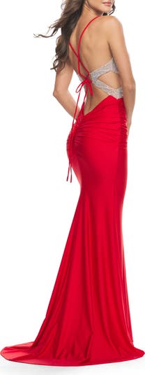 Ruched Gown with Rhinestone Bodice and Side Cutouts
