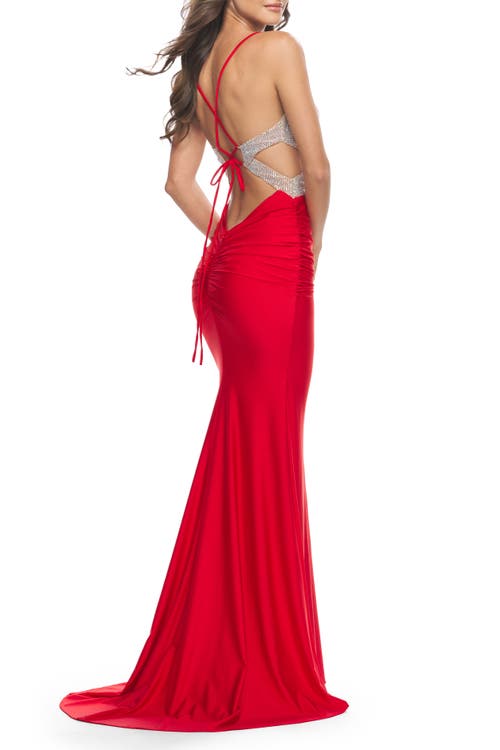 La Femme Ruched Gown With Rhinestone Bodice And Side Cutouts In Red