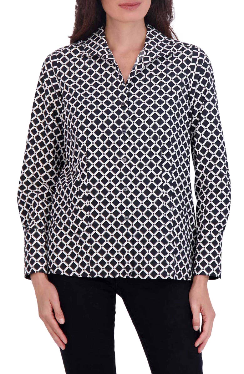 Foxcroft Katie Diamond Grid Print Cotton Button-Up Shirt, Main, color, 