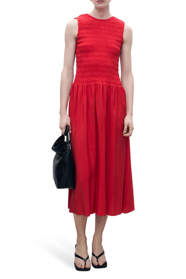 Maya Shirred Sleeveless Flare Midi Dress, Main, color, RED