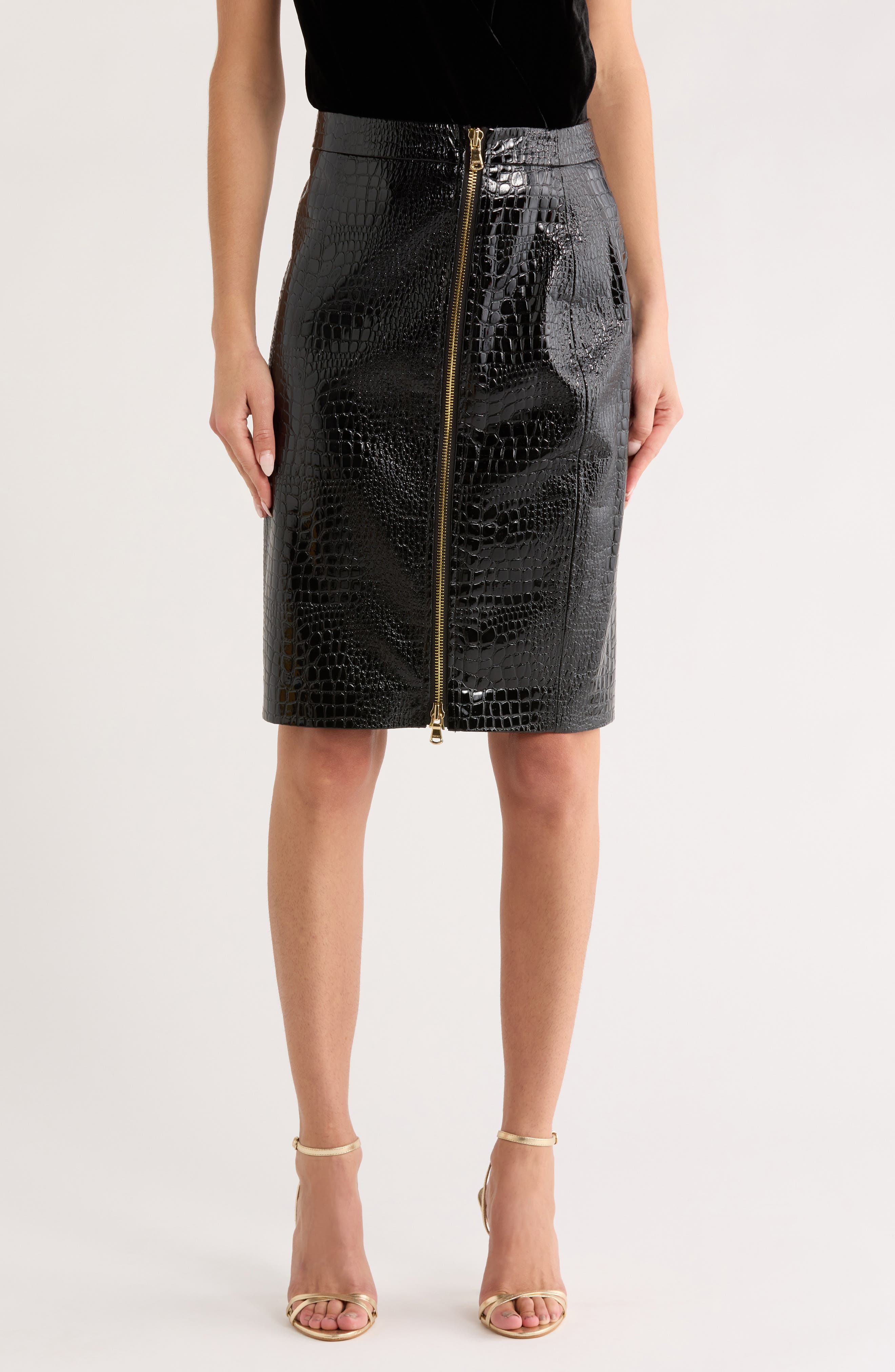 L'AGENCE Cannes Croc Embossed Faux Leather Pencil Skirt