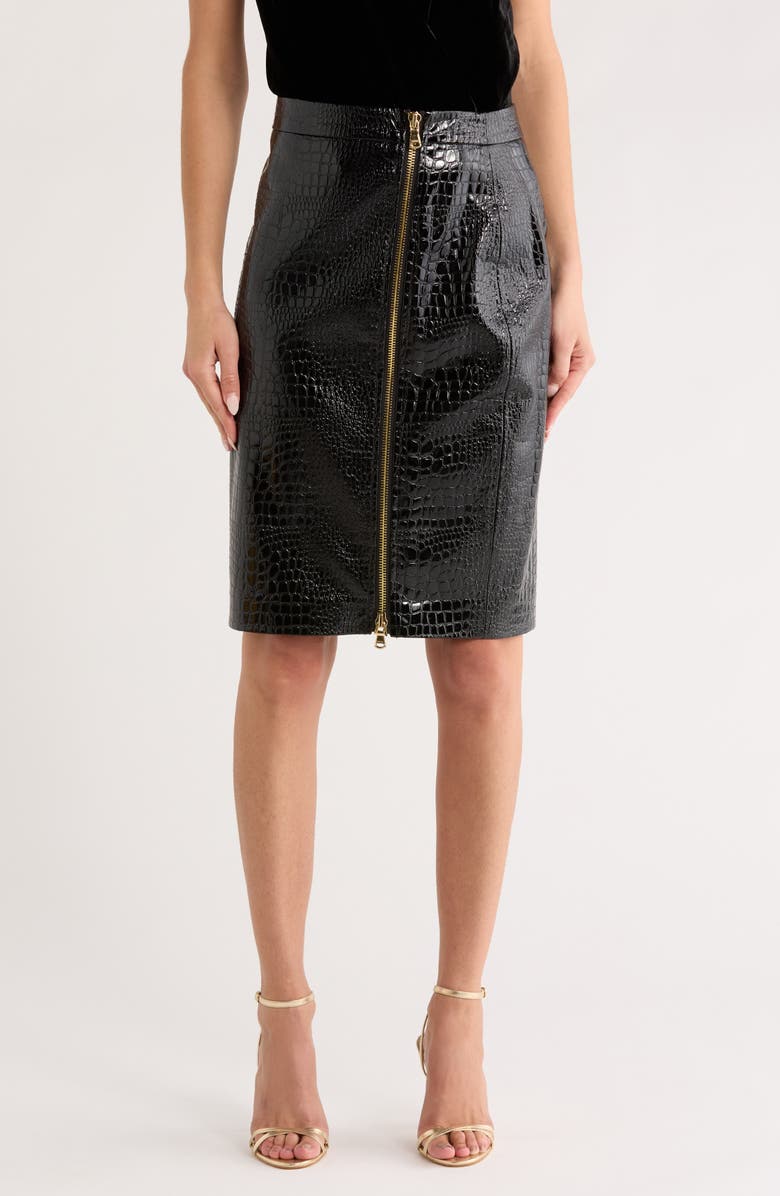 L'AGENCE Cannes Croc Embossed Faux Leather Pencil Skirt, Main, color, Black