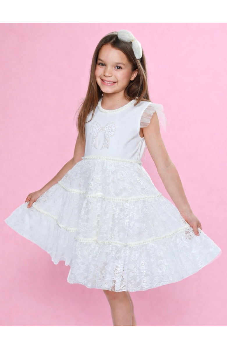 Mia Belle Girls Sweet Lace Pearl & Bow Tiered Dress, Alternate, color, White