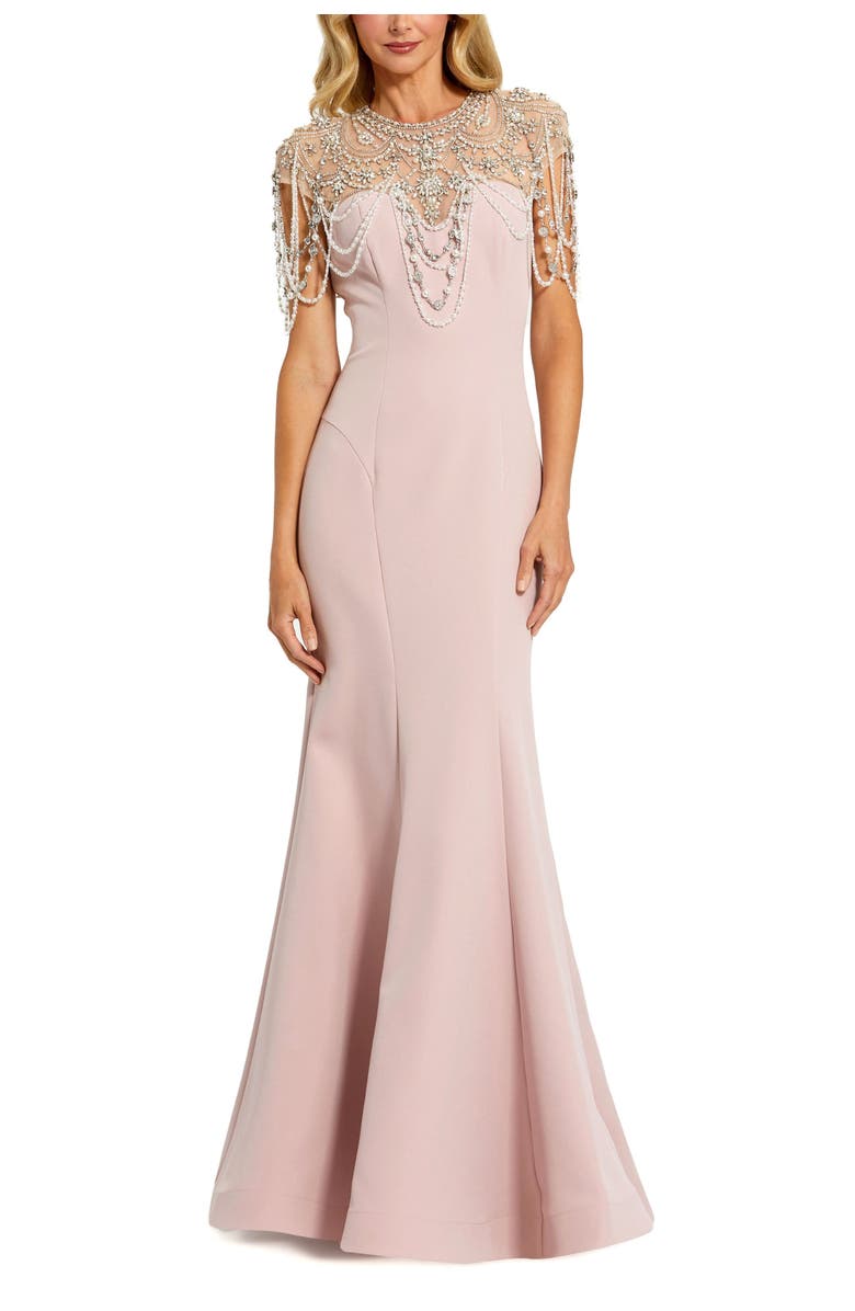 Mac Duggal Draped Pearl Beaded Crepe Mermaid Gown, Main, color, Vintage Lilac