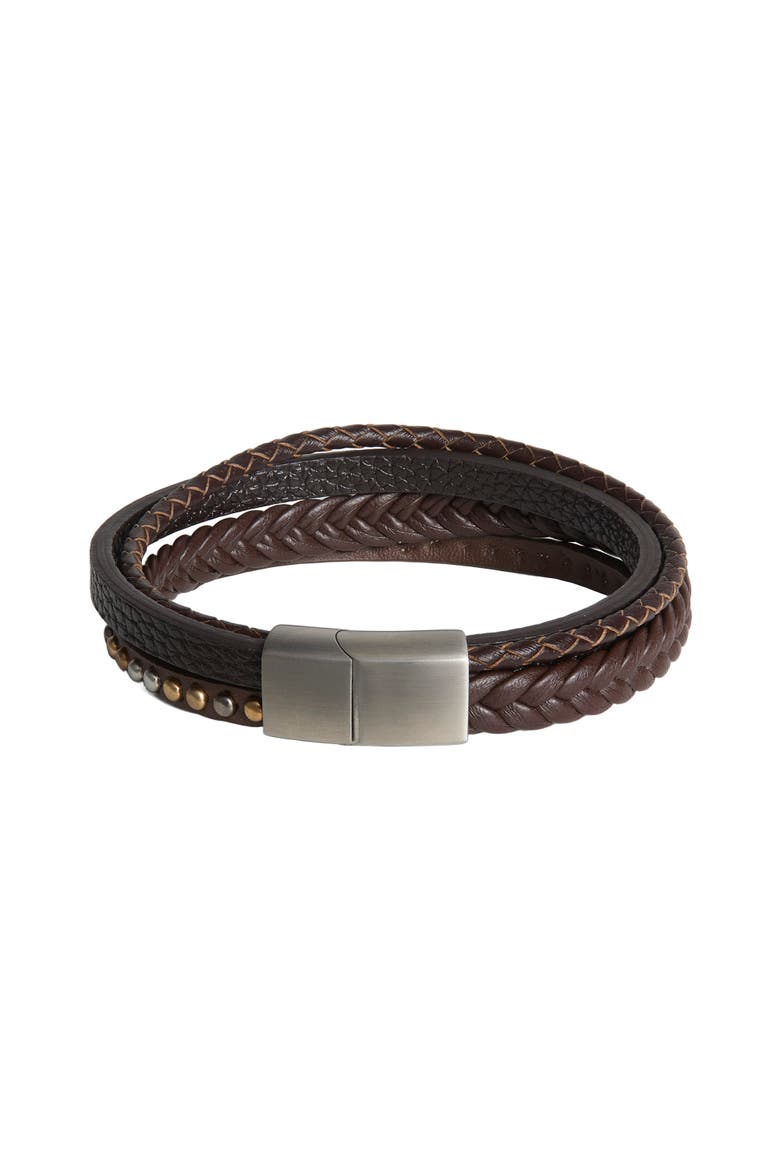 Stainless Steel and PU Leather Bracelet for Men, Multistrand - 8.5'', Alternate, color, Black