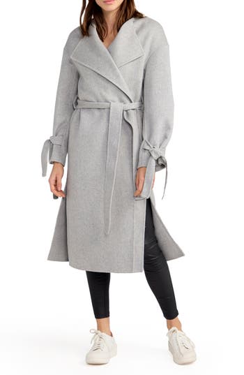 Belle & Bloom Head Over Heels Collarless Belted Wool Blend Coat In Gray