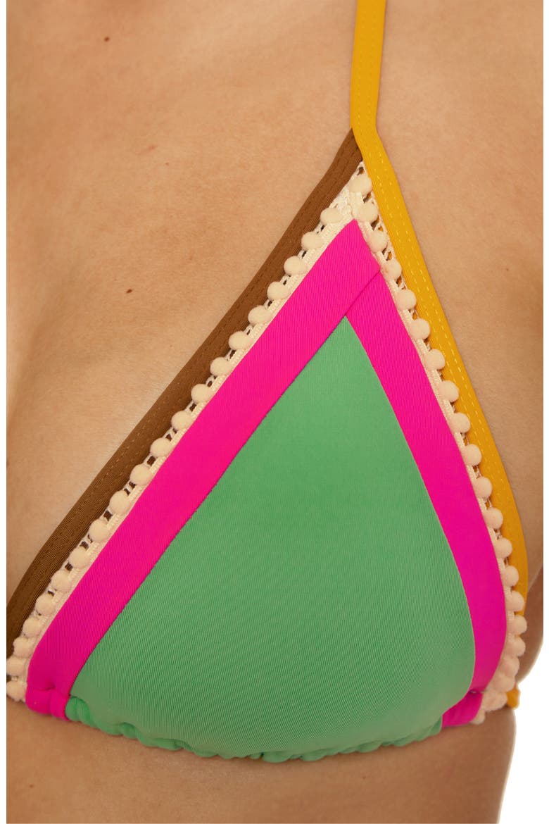Maldives Colorblock Pom Trim Triangle Bikini Top, Alternate, color, SEA GRASS