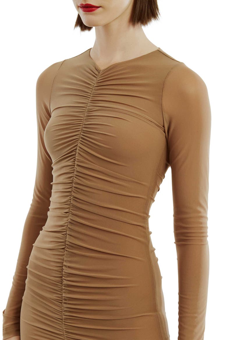 Jaya Gathered Long Sleeve Mesh Body-Con Dress, Alternate, color, TAN