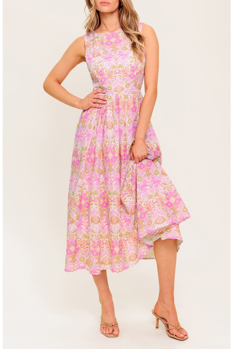 High Neck Fit & Flare Midi Dress, Alternate, color, PINK