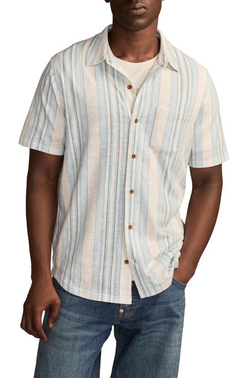 Stripe Short Sleeve Cotton Blend Button-Up Shirt