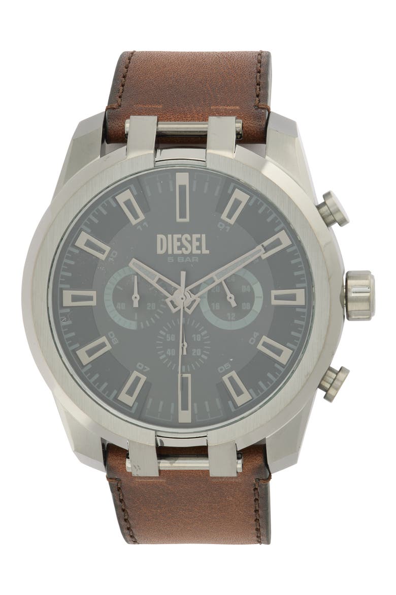 Split Chronograph Leather Strap Watch, 51mm, Main, color, BLACK