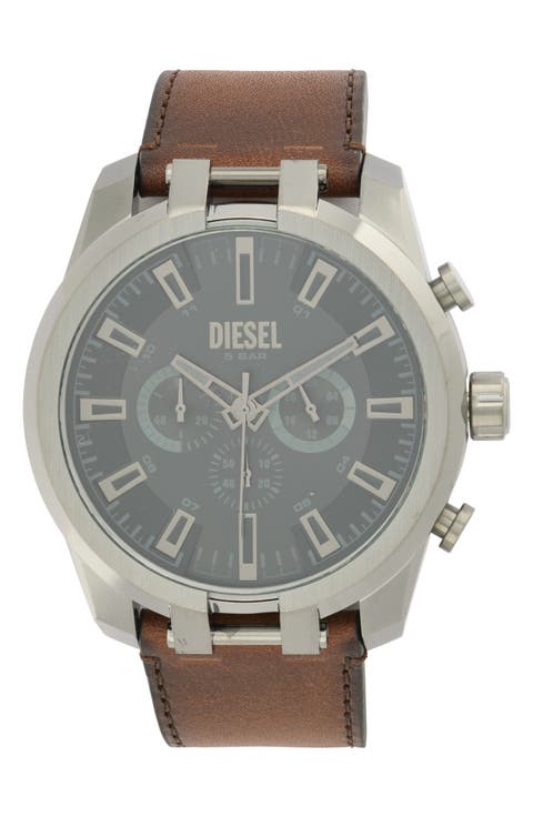 Split Chronograph Leather Strap Watch, 51mm