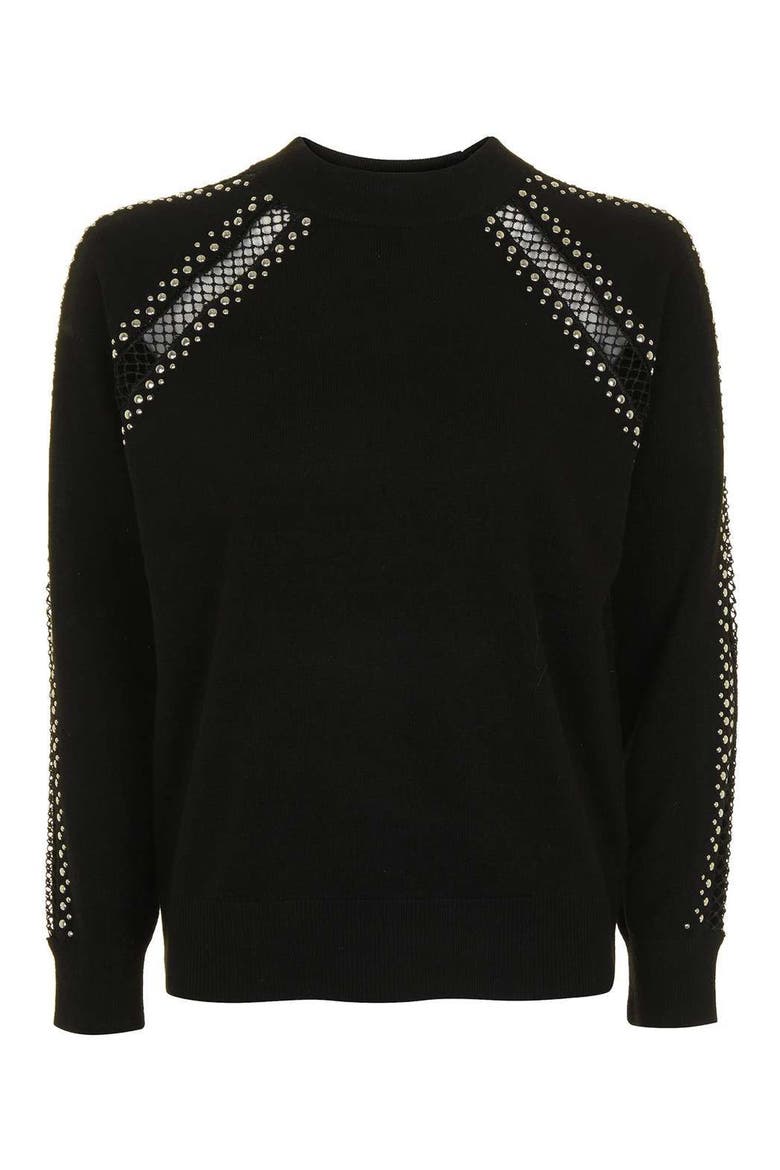 Stud Lattice Sweater, Alternate, color, BLACK
