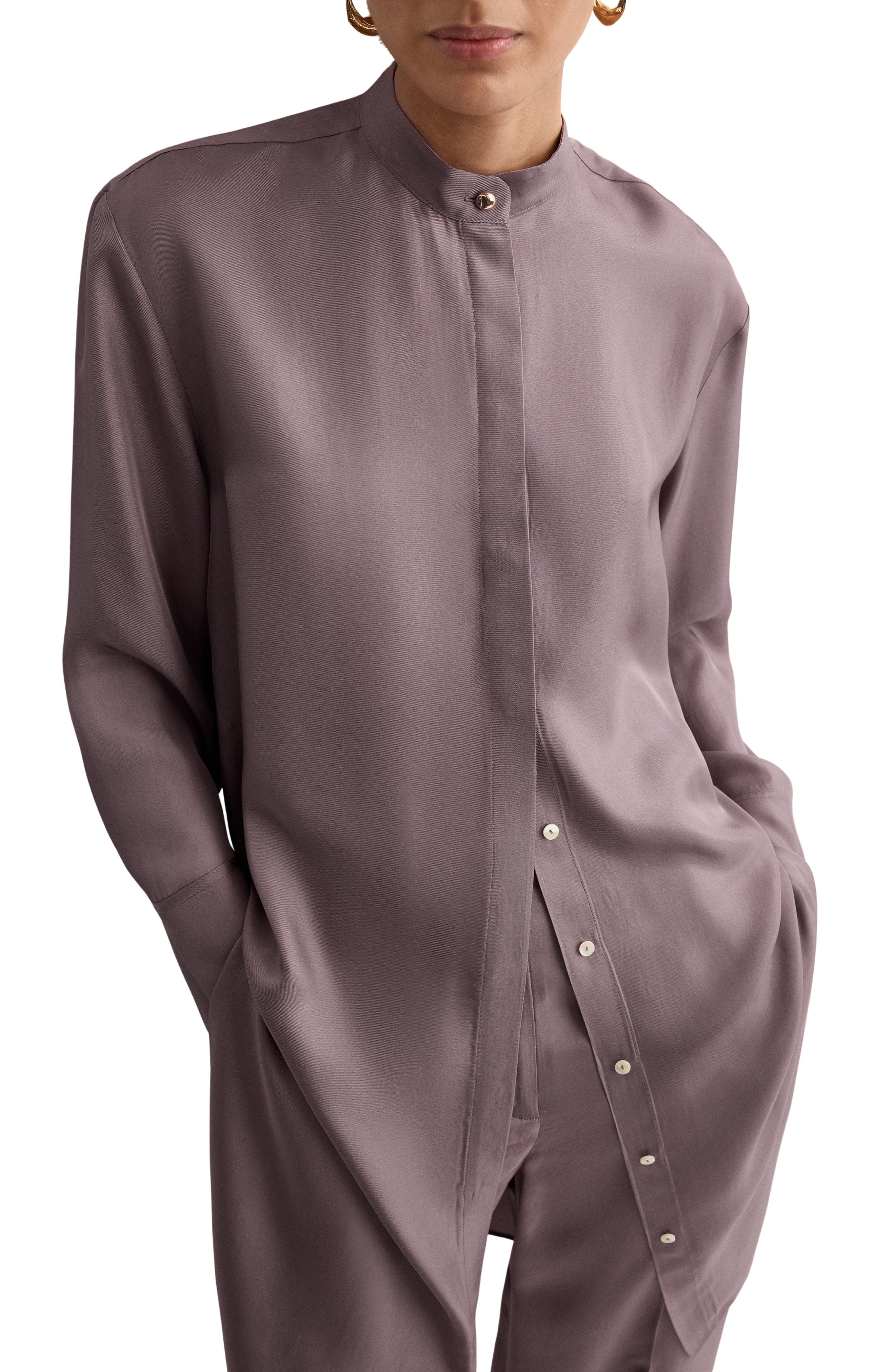 Long Shirt with Stand Collar