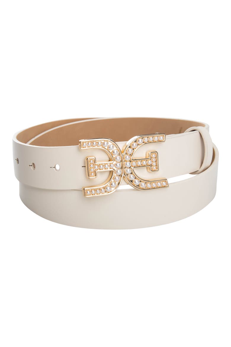 Imitation Pearl Logo Plaque Belt, Alternate, color, IVORY