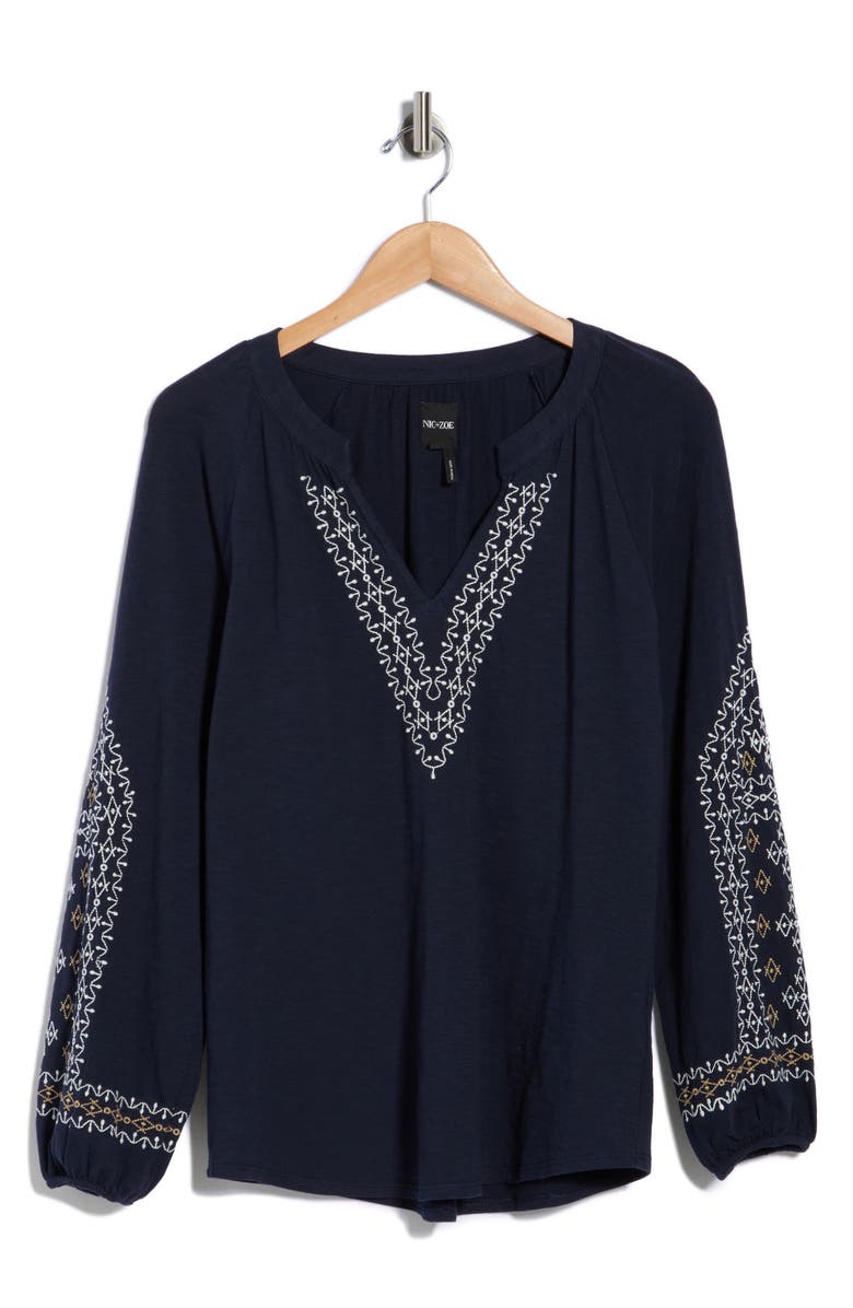 NIC+ZOE Solstice Embroidered Cotton Blouse, Main, color, Dark Indigo