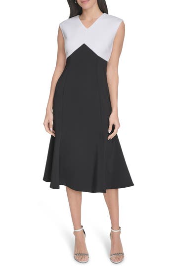 CALVIN KLEIN CALVIN KLEIN COLORBLOCK SLEEVELESS A-LINE MIDI DRESS 