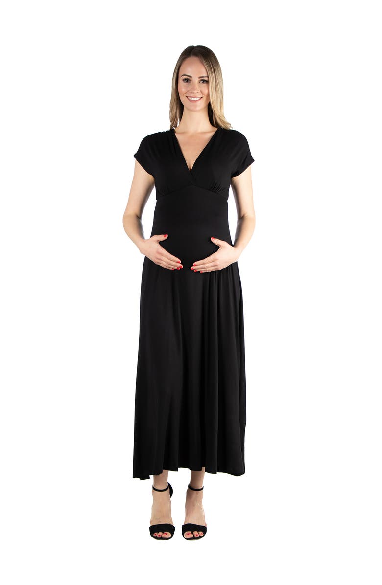 24seven Comfort Apparel Maternity Cap Sleeve V-Neck Maxi Dress, Main, color, Black